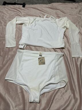 Marina West White Two-Piece High-Waist Swim Set/ White Mesh Cover Up